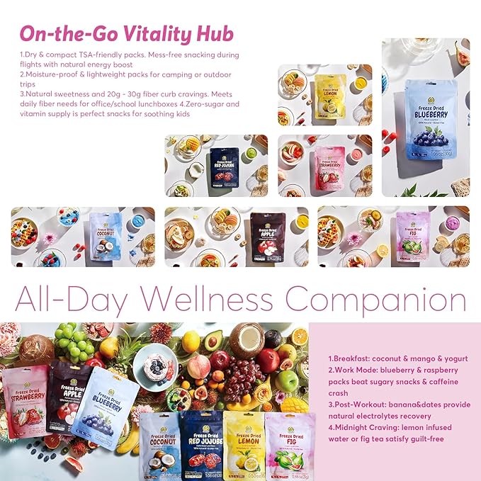 SUNGIVEN Freeze Dried Fruit Mixed for Beauty, Variety Pack of 12 Bag, 7 Kinds of Fruit, Health Snack, Rich in Vitamins, Apple Strawberry Blueberry Lemon Coconut Fig Red-Dates, No Sugar Added, 9.7 oz