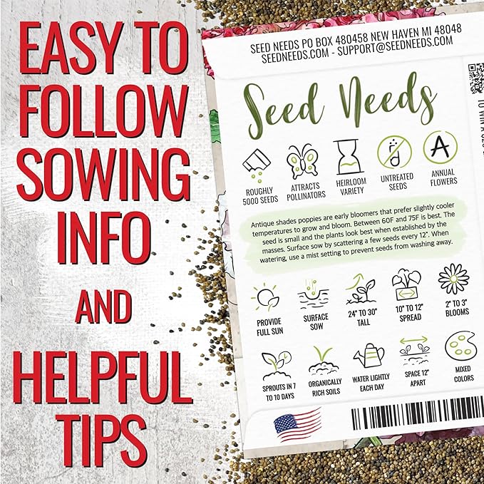 Seed Needs Antique Shades Peony Poppy Seeds for Planting - Heirloom & Open Pollinated Annual Flowers - Grow a Butterfly Garden for Pollinators (1 Pack)