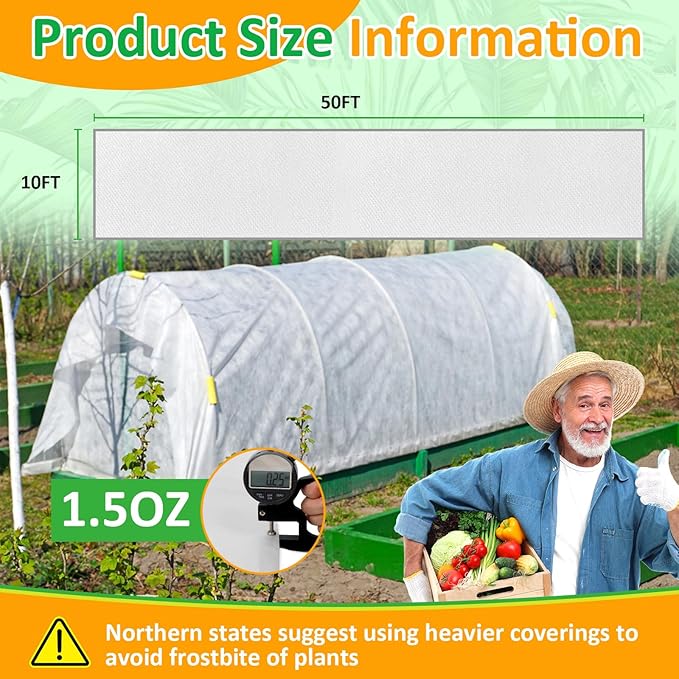 White Plant Covers Freeze Protection, 10 x 50 ft - 1.5 oz/yd² Frost Cloths for Outdoor Plants, Tree Covers Freeze Protection, Winter Garden Blanket, Sun Cover for Plants for Greenhouse, Vegetables
