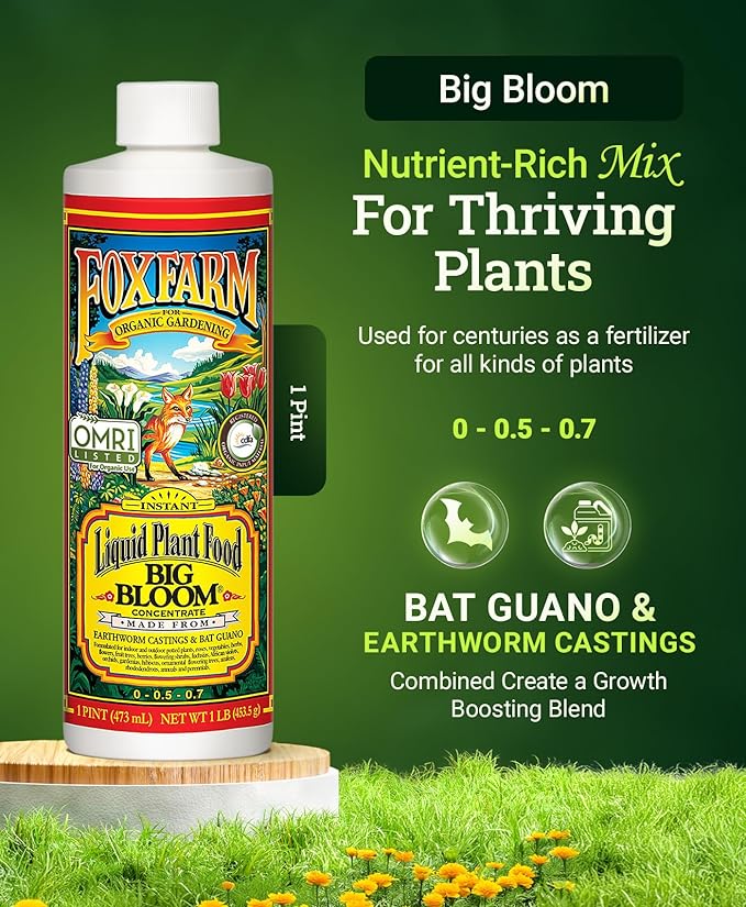 Fox Farm Big Bloom Liquid Plant Food - Organic Bloom Fertilizer for Flowering & Fruiting Plants, Contains Earthworm Castings & Bat Guano - Supports All Stages of Plant Growth - 0-0.5-0.7 NPK, 1 Pint