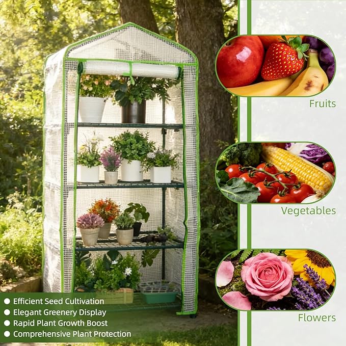 Mini Greenhouse for Indoor Outdoor, Small Plants Green House with 4 Tier Shelves, Portable Plastic Greenhouses with Durable PE Cover for Garden Backyard Patio Balcony Porch (White)