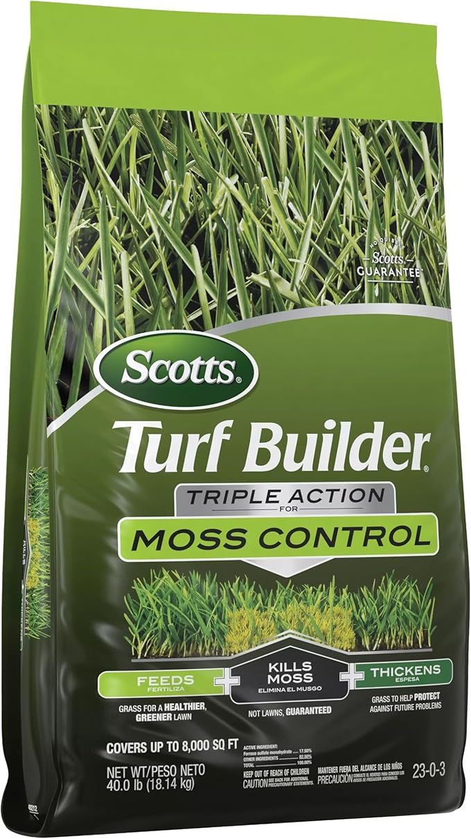 Scotts Turf Builder Triple Action for Moss Control - Moss Killer and Lawn Fertilizer, Lawn Care, Covers Up to 8,000 sq. ft., 40 lb.