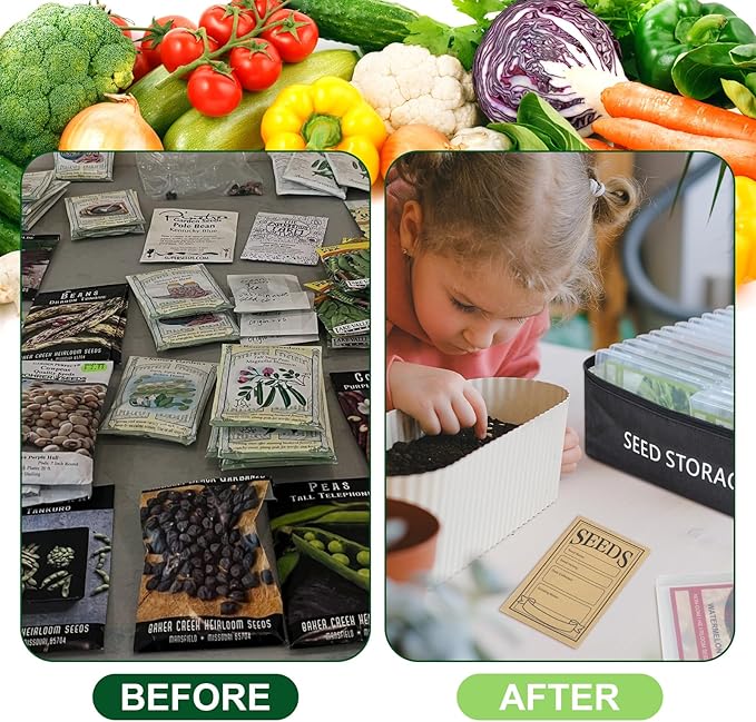 26 Slots Seed Storage Organizer Box with 10 Seed Envelopes, Oxford Cloth Seeds Storage Container with Insulated Bag, Garden Seed Packet Organizer with Label Stickers for Vegetable Flower Plants