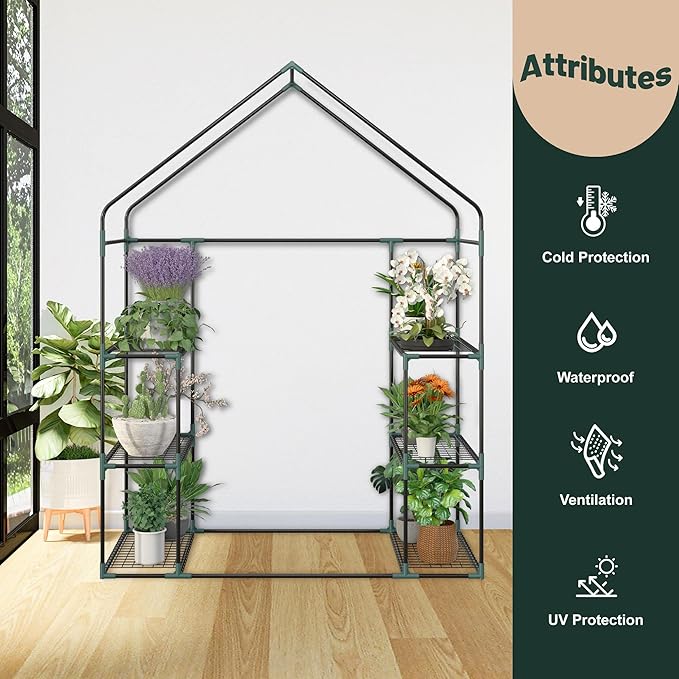 LEMY Mini Walk-in Greenhouse 3 Tiers 6 Shelves with PE Cover,Roll-Up Zipper Door and Mesh Windows,Anchors Ropes for Outdoor Garden,Backyard,Patio,Grow Vegetables,Flowers and Herbs