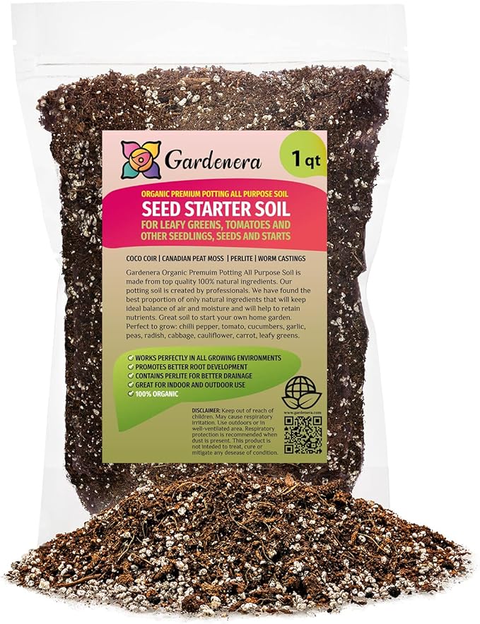 GARDENERA Organic Premium Potting All Purpose Soil - Seed Starter Soil for Leafy Greens, Tomatoes and Other Seedlings, Seeds and Starts - (1 Quart Bag)