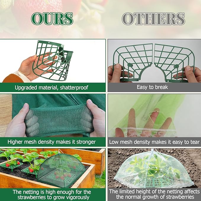 6 Sets Strawberry Plant Support with Mesh Plant Cover, Strawberry Growing Rack Kit with 24 Iron Plant Nails for Garden, Strawberry Growing Frame with Protective Net for Strawberries Tomatoes Veggies