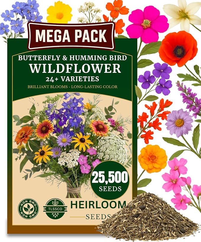 25450+ Wildflower Seeds, Pack for 2026 USA Premium Non-GMO Butterfly & Humming Bird Mixture Seeds - 1 Oz - 24 Open Pollinated Annual and Perennial Species - Bulk Pack