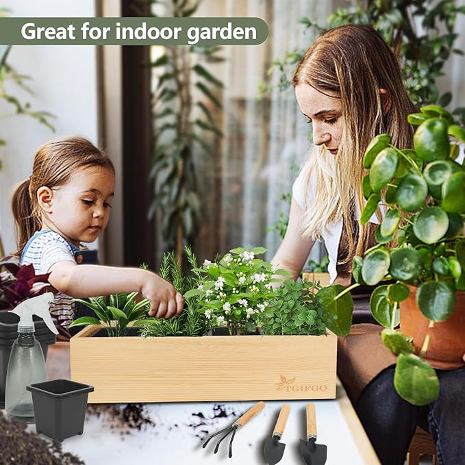 Herb Garden Planter Indoor Kit,Indoor Garden kit Come with Wooden Box &17 Planting Tools,Indoor & Outdoor Herb Planter for Kitchen Windowsill,Herb Plant Pot for Gardener,DIY Indoor Grow Kit Gifts