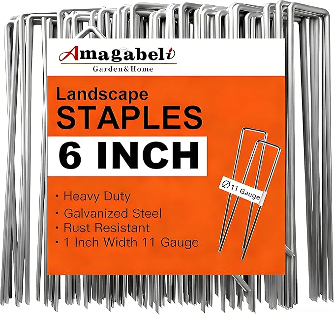 AMAGABELI 6 Inch 50 Pack Galvanized Landscape Staples 11 Gauge Anti-Rust Heavy Duty Garden Stakes Plant Cover Spikes U-Shaped Sod Pins Fence Stakes for Weed Barrier,Irrigation Tubing,Lawns,Decoration