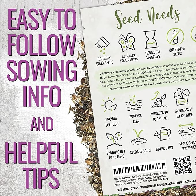 Seed Needs Garden Flower Seeds Large Blooms Mix Hummingbird and Butterfly | 1 Ounce No Filler 7 Varieties Open Pollinated | Resealable Package Live Wild Flower Seed | Bulk