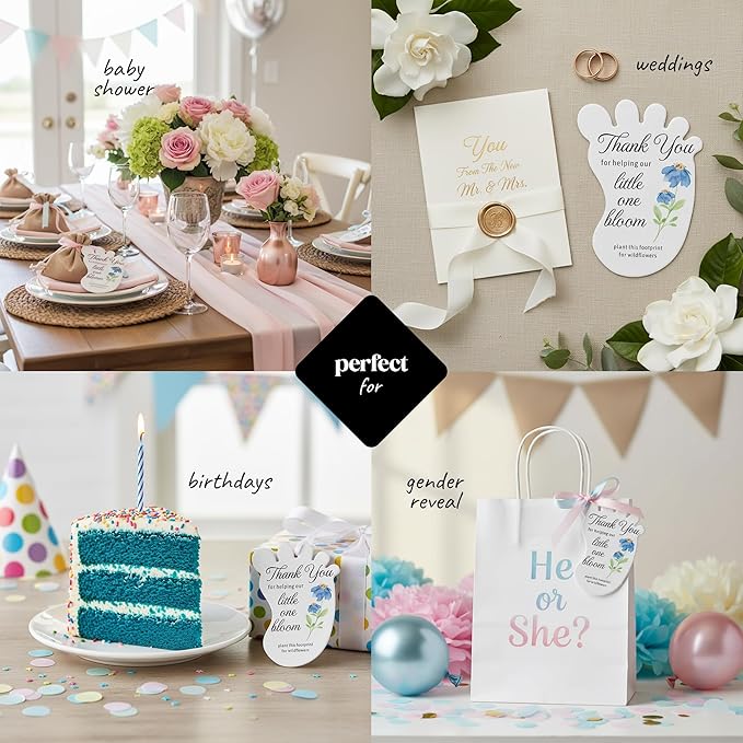 Seed Bloom Footprint-Shaped Seed Paper – 24 pcs Blue Shower Favors for Guests with Wildflower Seeds, Writable & Plantable, Gender Reveal, Birthday Gifts for Guest