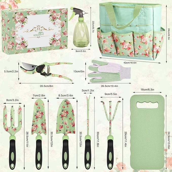 Gardening Tools, WisaKey 10 Piece Heavy Duty Garden Tools Set with Handle, Durable Fashion Garden Organizer Handbag, Ideal Gardening Gifts for Women