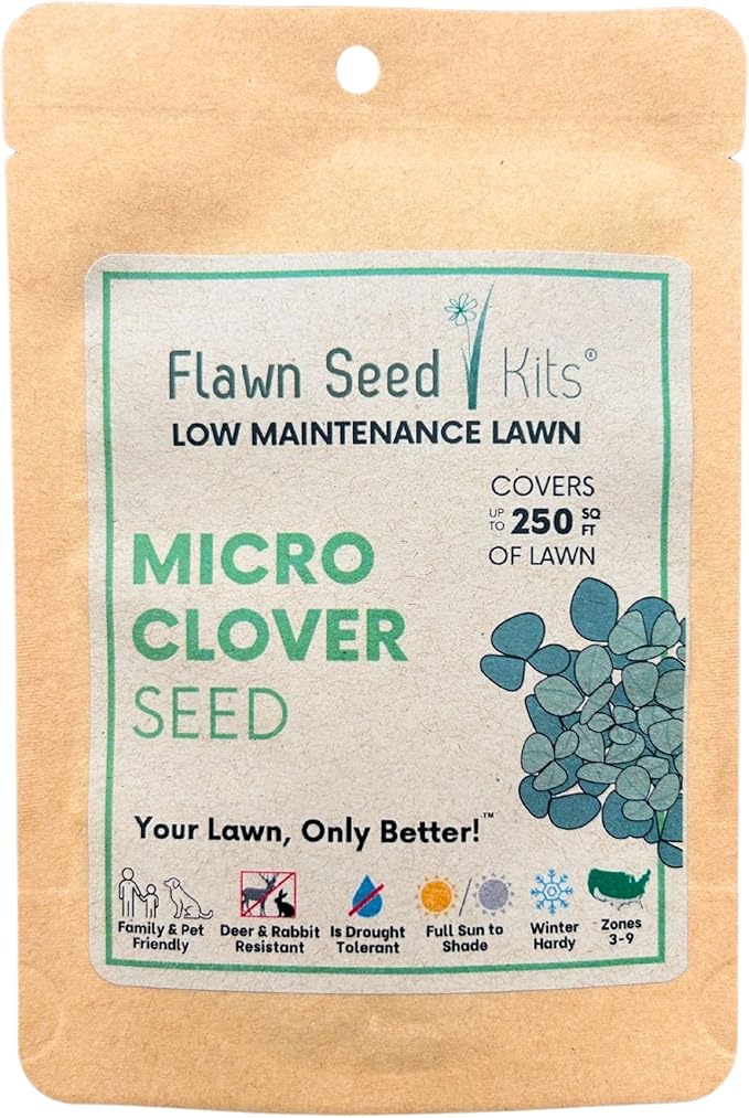 Flawn Seed Kits Micro Clover Seed, 1.1 Oz, Organic Coated, Eco-Friendly, Low Growing, Low Maintenance, Lawn Alternative, Compostable Pouch, Seed up to 250 Sqft