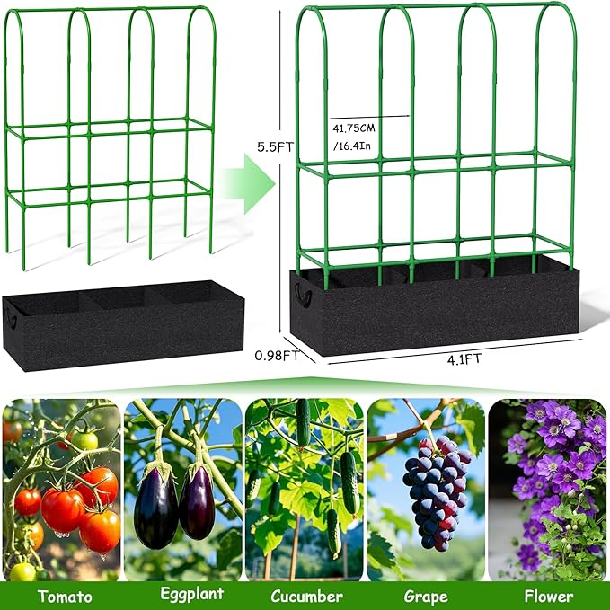 65"H x 50"W Cucumber Trellis with Grow Bag & Netting, U-Frame Metal Plant Support, Heavy-Duty Steel & Plastic, Green & Black, Rectangular, Climbing Plant Support Structure