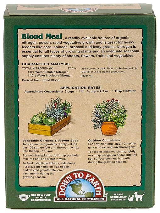 Down To Earth All Natural Fertilizers Organic Blood Meal - High Nitrogen Plant Food for Green Growth 12-0-0, 0.5 lb