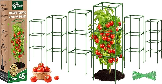 Riare 6 Pack Square Tomato Cages for Garden Plant Support- Up to 45 Inch Tomato Cage Garden Stakes Tomato Trellis for Potted Plants Raised Garden Bed Climbing Vegetables Flowers Outdoor Indoor