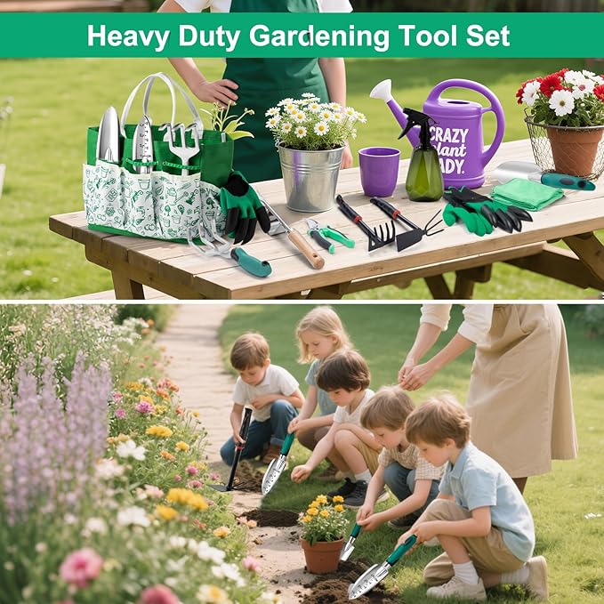 Garden Tool Set, 12-Piece Complete Stainless Steel Gardening Essentials, Heavy Duty Garden Tools with Large Storage Tote, Gardening Gifts for Women, Men, Mom & Dad Beginners Gardeners, Green