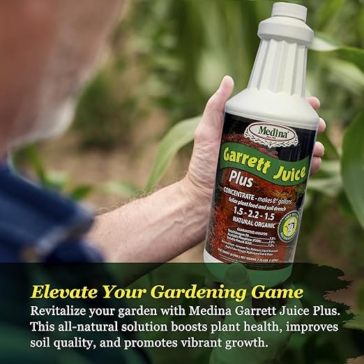 Medina Garrett Juice Plus -Liquid Plant Food & Fertilizer for Houseplants, Lawn, & Garden | Foliar Solution & Growth Enhancer, Ideal for Potted & Patio Plants | Nitrogen-Rich Liquid Fertilizer - 1 Qt.