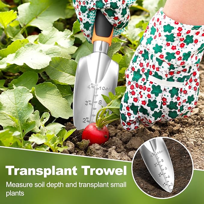 Garden Tool Set, 4Pcs Aluminum Heavy Duty Gardening Tool Set, Include Shovel, Transplant Trowel, Hand Cultivator and Shear with Rubberiz NonSlip Ergonomic Handle, Gardening Kit for Women Men
