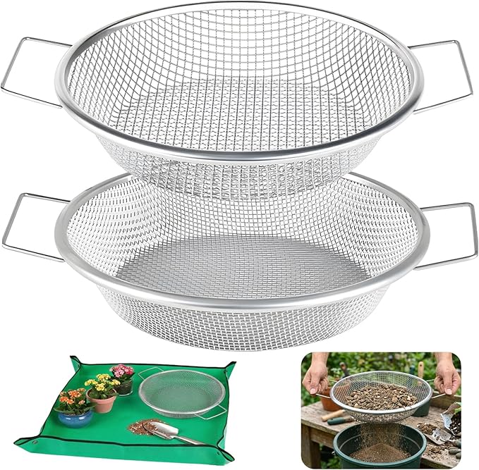 2PCS Soil Sifter for Gardening with Handle,Stainless Steel Rock Compost Soil Sifter for 5 Gallon Bucket,1/4in,1/8in Mesh Garden Sifting Screen Gravel Sawdust Vermicompost with Repotting Mat