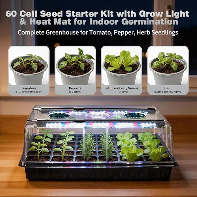 60 Cell Seed Starter Tray Kit with Grow Light, 3.8" Humidity Dome and 20.47" Heat Mat - Indoor Seed Germination Station for Faster Planting, Complete Gardening Kit for Vegetables, Herbs, Microgreens