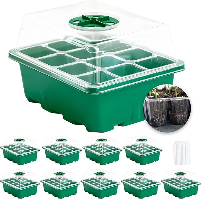 Haispring Seed Starter Kit 10-Pack with Humidity Dome, 120 Cells Propagation Trays & Base | All-in-One Mini Greenhouse for Seed Germination and Plant Starting