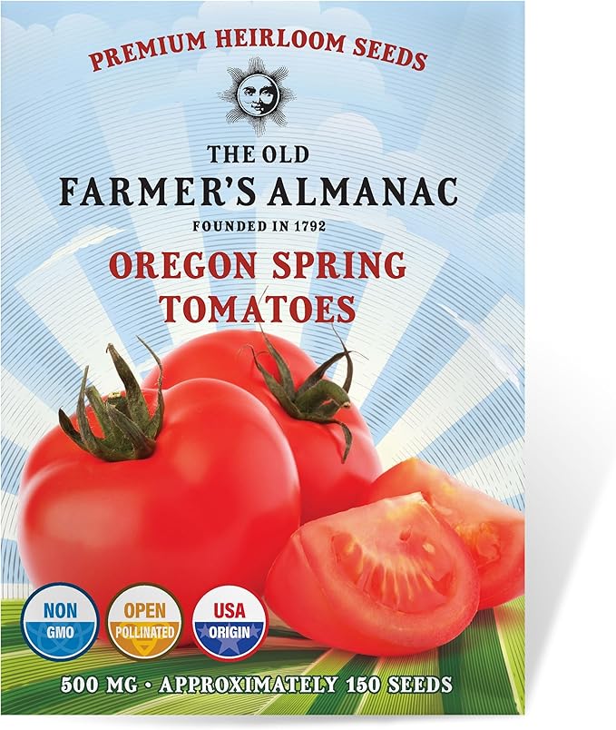 The Old Farmer's Almanac Heirloom Oregon Spring Tomato Seeds - Non-GMO, Open Pollinated (1 Packet - 500 MG - Approx 150 Seeds)