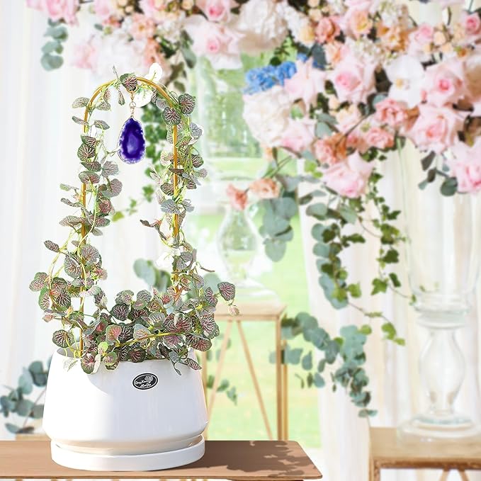 2PCS Small Gold Trellis for Climbing Plants Indoor, Mini Metal Houseplant Climber Support for Potted Plants, Boho Decorative Pot Lattice with Agate for Hoya, Pothos, Ivy, Philodendron