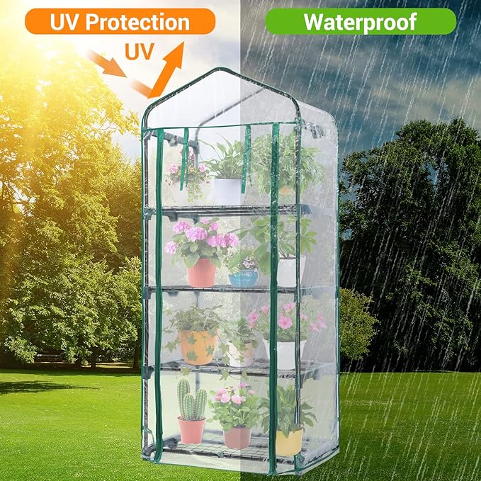 Mini Greenhouse for Outdoors Indoor: 27 x 19 x 62-Inch Ohuhu Small Green House with 4 Tier Shelves, Portable Plastic Greenhouses with Heavy Duty Transparent PVC Cover for Seedling Patio Porch Balcony