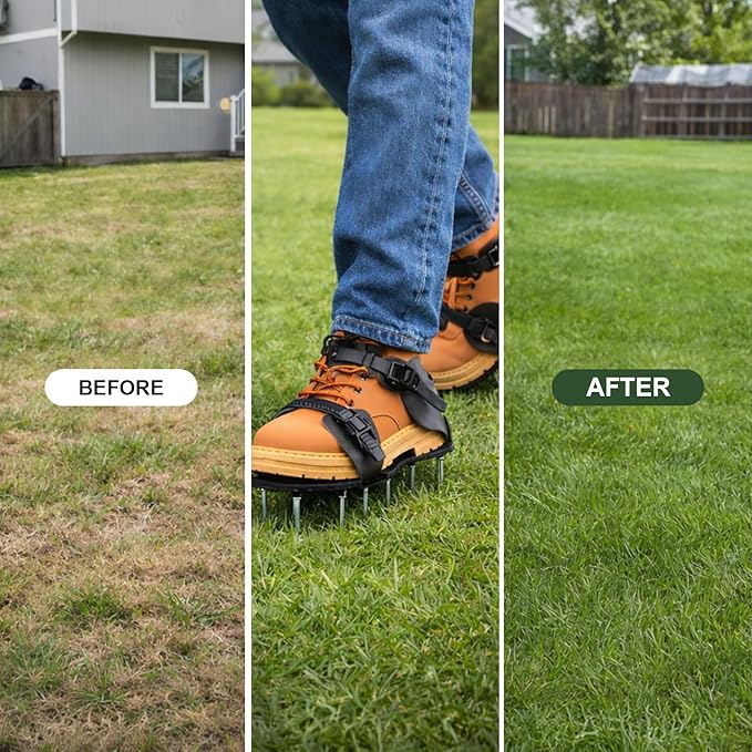 Aeration Shoes for Lawn, Lawn Aerator Shoes for Grass, Stainless Steel Spikes Aerator Lawn Shoes with Adjustable Straps for Patio/Yard/Garden for Easy Yard Aeration (Black)