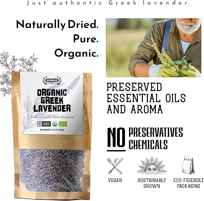 Apsogo Organic Greek Lavender – Premium Dried Flowers (1.76 oz), Organic Herbal Lavender Tea & Culinary Use, Whole Buds in Resealable Pouch