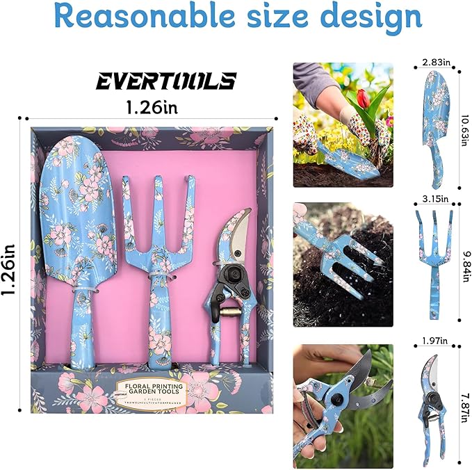 3piece Printed Garden Tool Set, Heavy Duty Aluminum Gardening Tool Kits Including Hand Rake, Pruning Shear and Trowel for Indoor & Outdoor Use, Ergonomic Handle, Perfect Gardening Gift