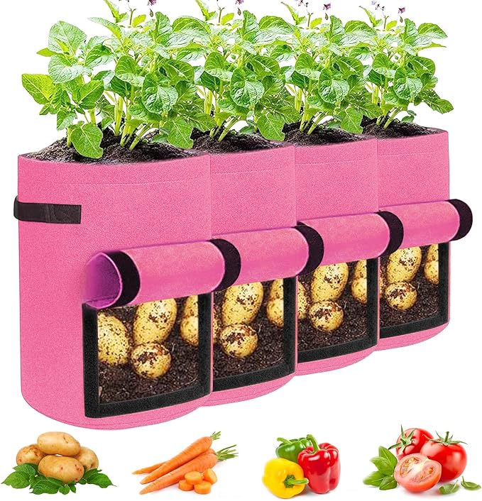JJGoo 4 Pack Potato Grow Bags 10 Gallon with Flap, Heavy Duty Fabric with Handle and Harvest Window, Non-Woven Planter Pot Plant Garden Bags to Grow Vegetables Tomato, Rose Red