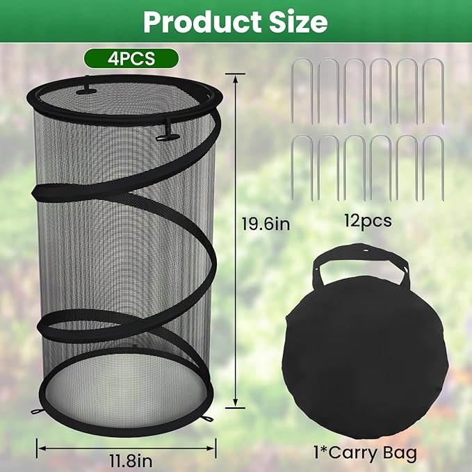4 Pack Pop up Plant Guard Covers Tent from Animals Black, 19.6" x 11.8" Foldable Plant Protectors Mesh Net, Garden Plant Enclosure Protection Cage with Stakes & Carry Bag for Outdoor Plants