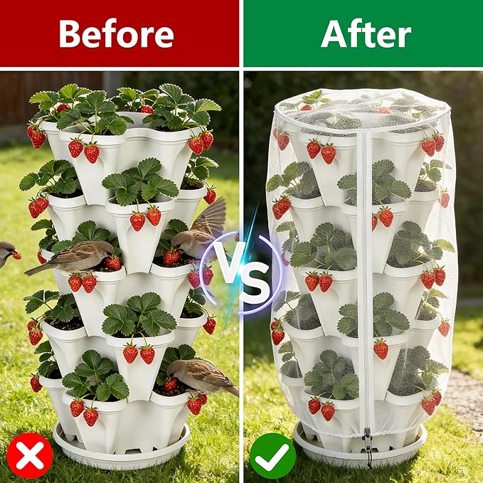 2 Pcs Vertical Plant Pot Insect Netting with Zipper, 39"x20" Stackable Planter Garden Net Cover, 3 to 5 Tier Planter Pot Insect Bird Barrier Protection Mesh for Strawberry Herb Flower Fruit Vegetable