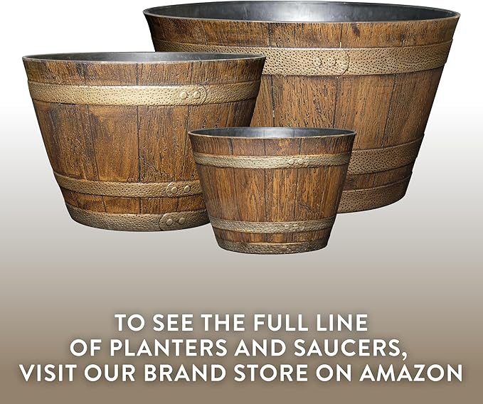 Classic Home and Garden Whiskey Barrel Planters - Home Flower Planter Pot - Decorative Garden Pots - Indoor & Outdoor Resin Planters - Weather-Resistant Planting Pots (15" Oak Brown, Pack of 1)