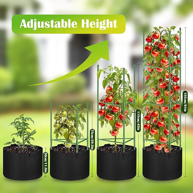 4 Pack Tomato Cages 55 x 12 Inch for Garden with 11 Gallon Round Grow Bags Planter Pots with Heavy Duty Triangle Trellis Plant Stakes Support Frames for Cucumber Vegetables Flowers