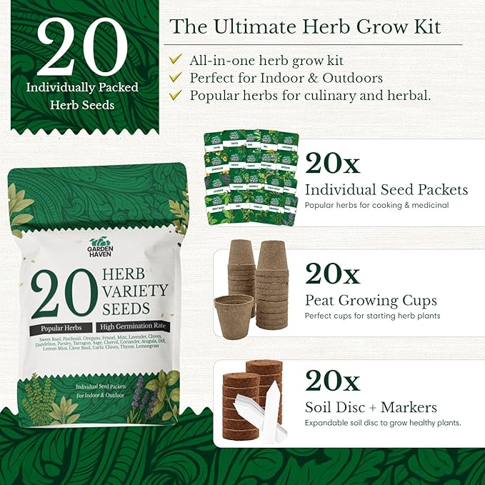 20 HERB Seeds Variety Pack - Complete Grow Kit Culinary Herbs Indoor Outdoors Herb Seeds, Basil, Oregano, Mint, Thyme & More Individually Seed Packets Starter Kit (Complete Starter Kit w/Seeds)