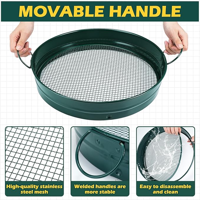 14.57'' Large Soil Sifter for Gardening with 1, 3, 6, 9, 12 mm Sieve Mesh Compost Dirt Sifter with Handle Garden Sand Soil Rock Sieve for Dirt Sand Rocks Pellet Gravel(Green)