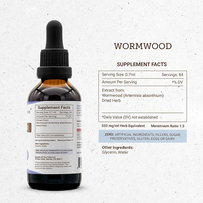 Secrets of the Tribe Wormwood Alcohol-Free Liquid Extract, Wormwood (Artemisia Absinthium) Dried Herb Tincture Supplement (2 FL OZ)