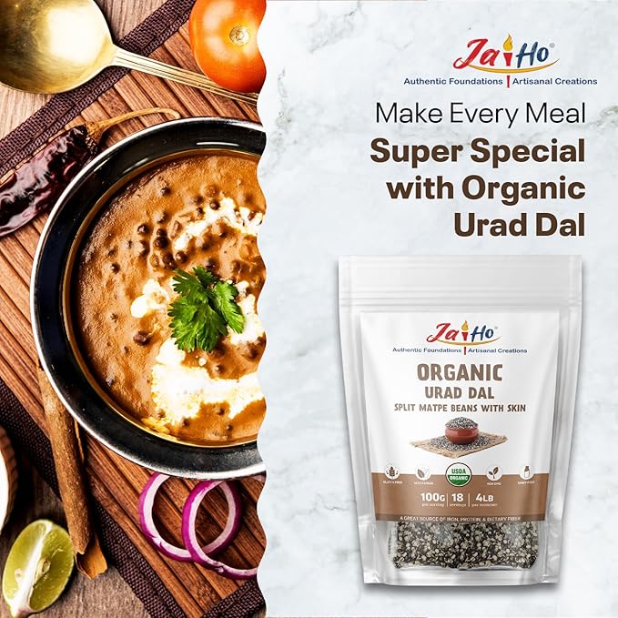 Jai Ho Certified Organic Urad Dal with Skin (Split Matpe Beans with Skin) 4 lb - USDA Organic | Non-GMO | Chemical-Free | Premium Quality Kosher