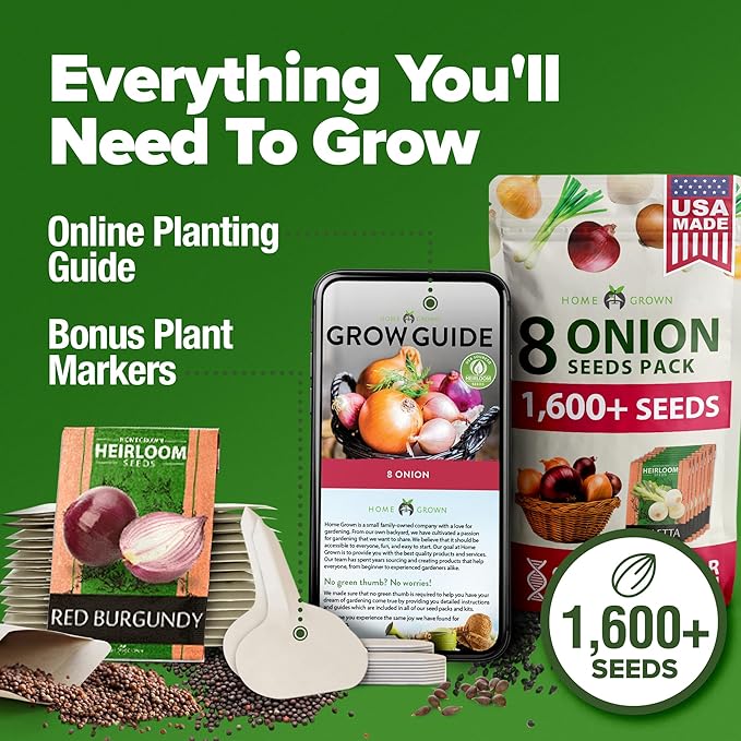 HOME GROWN 8 Onion Seeds for Planting 1,600 Heirloom Vegetable Seeds Grow Sweet, Yellow, Red, Spanish, Green & Vidalia Onions in Outdoor or Indoor Home Garden