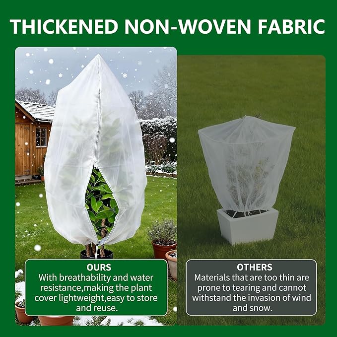 Spring Plant Covers Wind and Frost Protection, Reusable & Breathable Non-Woven Fabric Plant Covers with Zipper Drawstring to Protect Trees, Garden Flower, 5 Pack, White, 31.5" x 47.3"