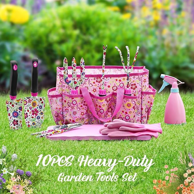 Housolution Gardening Tools Set, 10 PCS Stainless Steel Heavy-Duty with Non-slip Soft Rubber Handle with Large Garden Bag, Floral Pattern Gardening Tool Set Gifts for Women Birthday Mother's Day, Pink