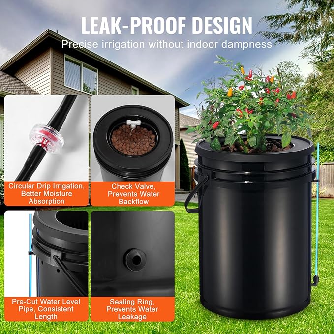 VEVOR DWC Hydroponics Grow System, Hydroponic Growing System with Top Drip Kit, 5-Gallon Deep Water Culture with Air Pump, Air Stone and Water Level Device for Leafy Vegetables(1 Bucket+Top Drip Kit)
