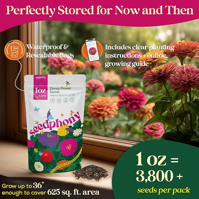 Zinnia Seeds Pack 1 oz - 3,800 Non-GMO Heirloom Zinnia Seeds for Planting, Perennial Flowers in Waterproof Seed Packet, Wildflower Seeds for Planting Garden Indoor & Outdoor Gardening