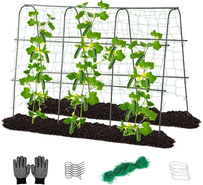 lalahoni Garden Trellis for Climbing Plants Outdoor, Cucumber Trellis U-Shaped Metal Garden Arch Plant Support with Climbing Net for Vegetable, Flower, Tomato, Bean, Green