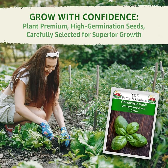 TKE Farms & Gardens - Genovese Basil Seeds for Planting, 600+ Heirloom Non-GMO Italian Basil Seeds, Sweet Culinary Herb, Grow Indoors or Outdoors, Delicious Basil Plants, Instructions Included