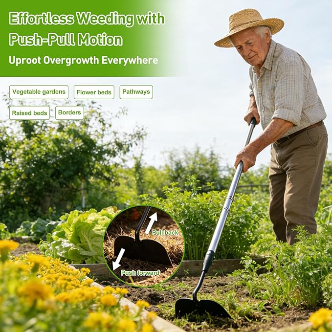 Garden Hoe for Weeding, Heavy Duty Draw Hoe Garden Tool for Plowing,Cultivating,Trenching, Ridging,Tilling Loosening Soil,Scraping Weeder with 60” Handle for Stand Gardening, Reduce Back Strain