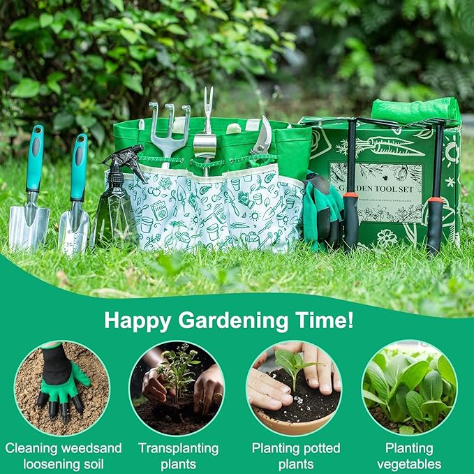 Garden Tool Set, 12-Piece Complete Stainless Steel Gardening Essentials, Heavy Duty Garden Tools with Large Storage Tote, Gardening Gifts for Women, Men, Mom & Dad Beginners Gardeners, Green